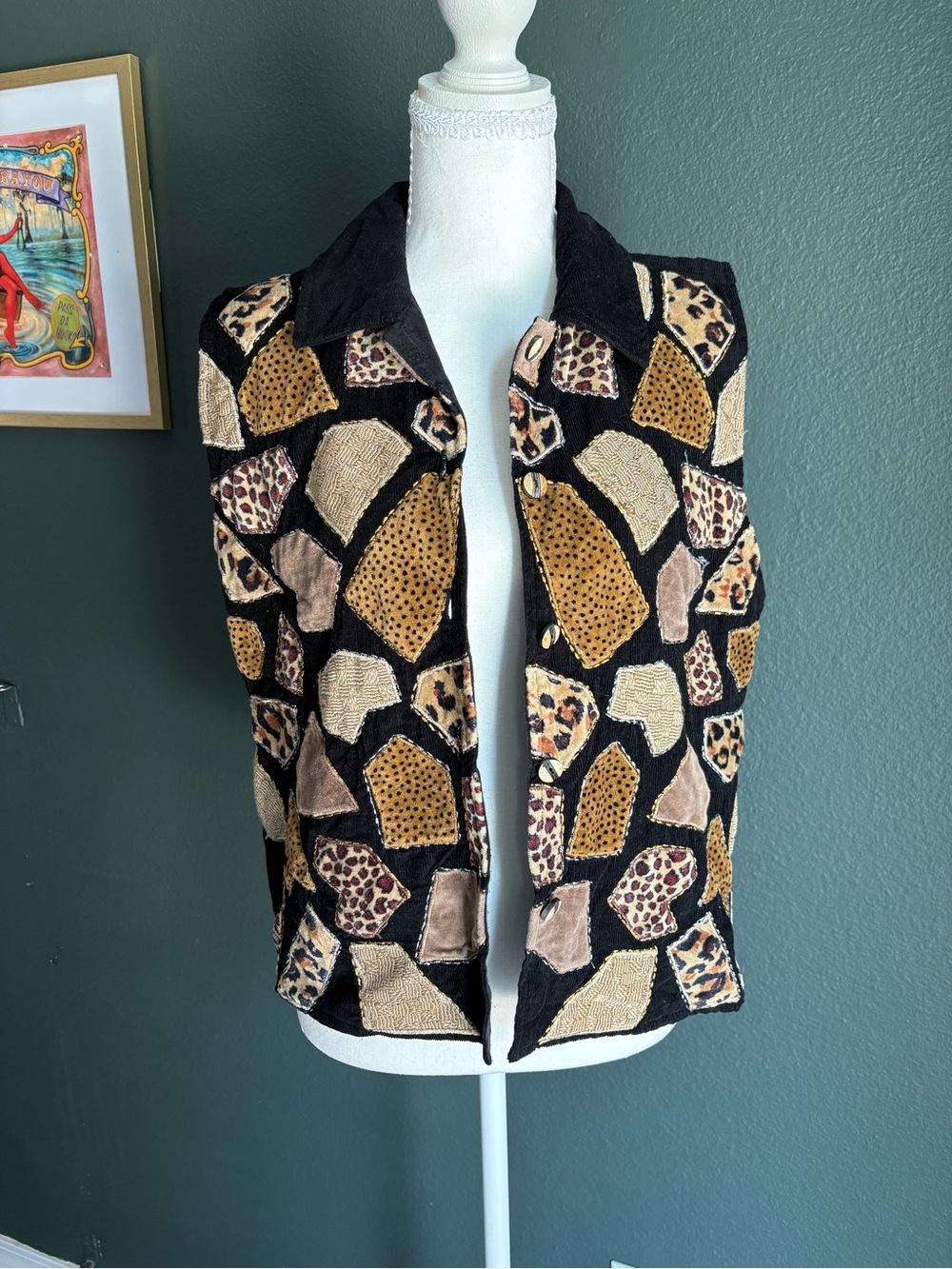 VTG Patchwork Corduroy Vest Animal Print Abstract Black Button Front Medium